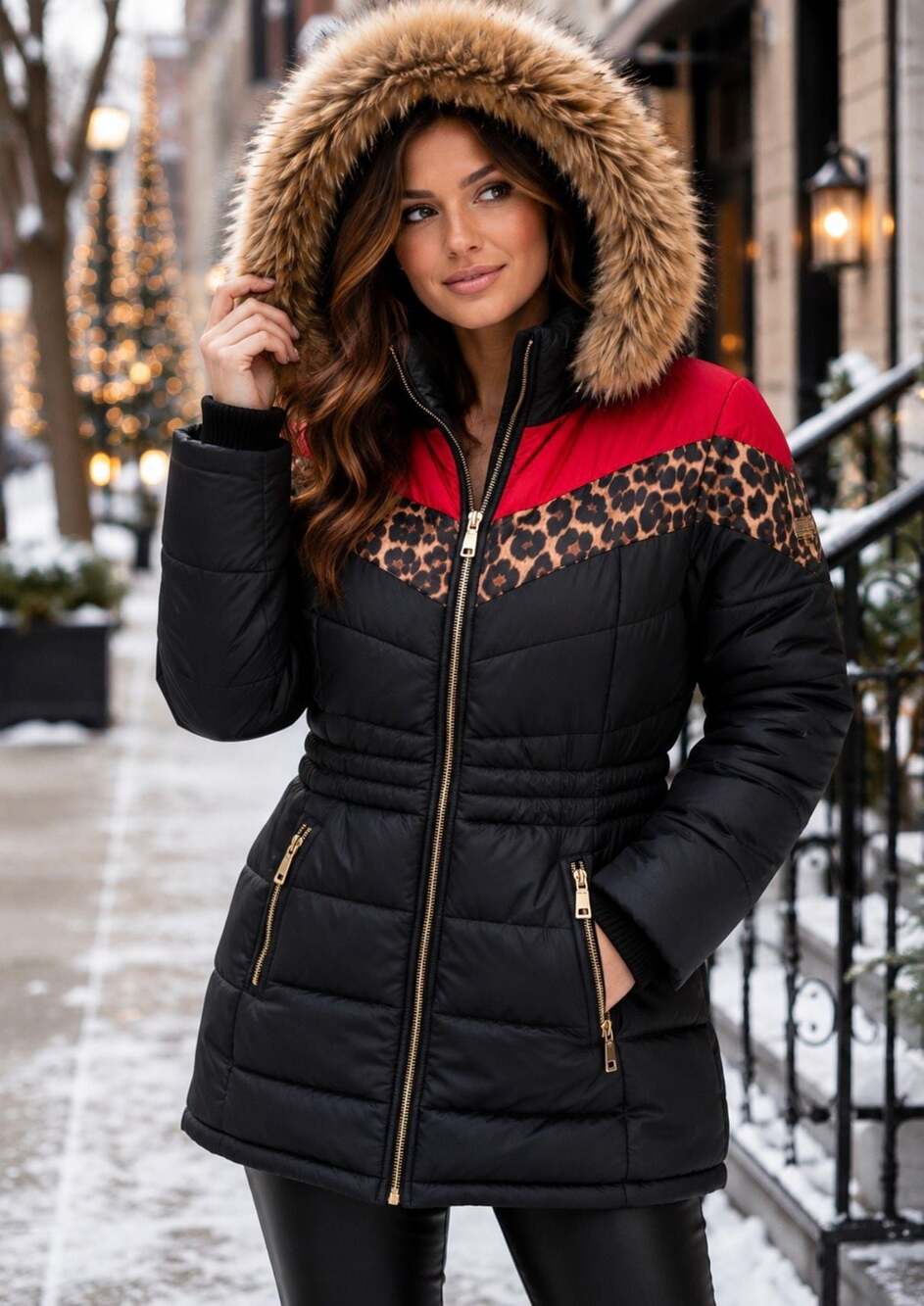 Nine West Faux Down Puffer Coat Leopard Colorblock Fur Hood S